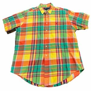 Ralph Lauren Polo Orange Green Plaid Classic Short Sleeve Shirt Mens XL
